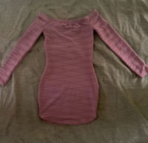 Windsor fitted off shoulder mini dress, long sleeve, mauve